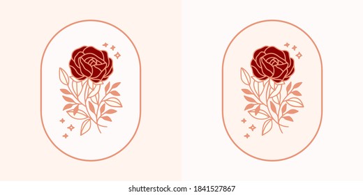 Vector feminine logo design templates in trendy linear minimal style. Peony, rose flowers and botanical leaf branch. Emblem, symbols and icons for cosmetics, jewellery, beauty and handmade products