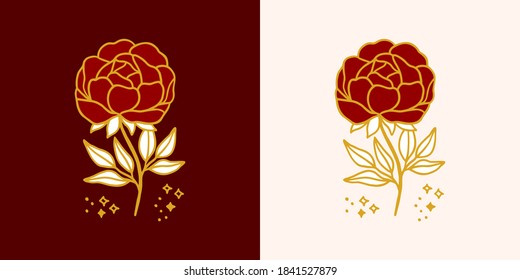 Vectorfeminine Logo Design Vorlagen im trendigen minimalistischen Stil. Peony, Rosenblumen und botanischer Laubzweig. Embleme, Symbole und Symbole für Kosmetik, Schmuck, Schönheit und handgemachte Produkte