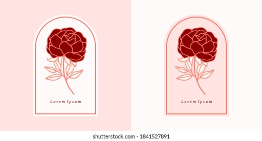 Vectorfeminine Logo Design Vorlagen im trendigen minimalistischen Stil. Peony, Rosenblumen und botanischer Laubzweig. Embleme, Symbole und Symbole für Kosmetik, Schmuck, Schönheit und handgemachte Produkte