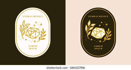 Vector feminine logo design templates in linear minimal style. Peony, crystal, rose flowers and botanical leaf branch. Emblem, symbols and icons for cosmetics, jewellery, beauty and handmade products