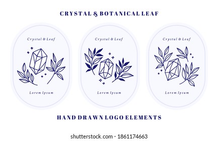 Modelos de diseño de logotipo feminista vectorial en estilo minimalista lineal de moda. Peonía, cristal, gema, flores de rosa y rama de hojas botánicas. Emblema, símbolos e íconos para cosméticos, belleza y productos hechos a mano