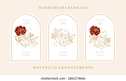 Vector feminine logo design templates in trendy linear minimal style. Peony, crystal, gem, rose flowers and botanical leaf branch. Emblem, symbols and icons for cosmetics, beauty and handmade product