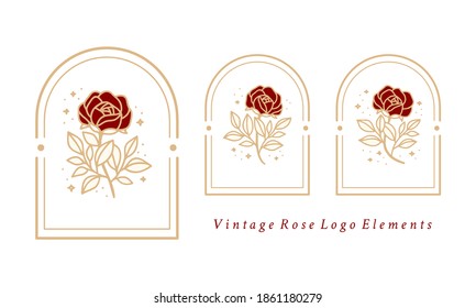 Vector feminine logo design templates in linear minimal style. Peony, rose flowers and botanical leaf branch. Emblem, symbol, icon, and illustration for jewel, brand, beauty and handmade product