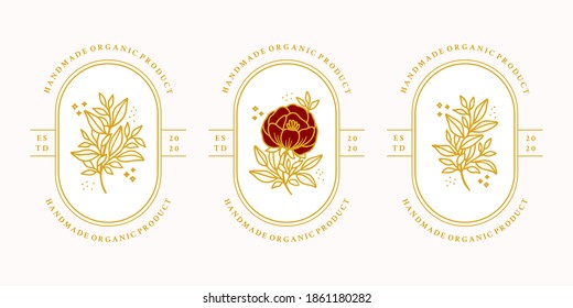 Vector feminine logo design templates in linear minimal style. Peony, rose flowers and botanical leaf branch. Emblem, symbol, icon, and illustration for jewel, brand, beauty and handmade product