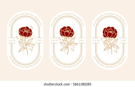 Vector feminine logo design templates in linear minimal style. Peony, rose flowers and botanical leaf branch. Emblem, symbol, icon, and illustration for jewel, brand, beauty and handmade product