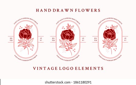 Vector feminine logo design templates in linear minimal style. Peony, rose flowers and botanical leaf branch. Emblem, symbol, icon, and illustration for jewel, brand, beauty and handmade product