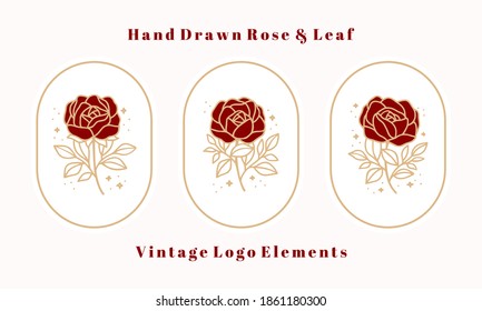 Vector feminine logo design templates in linear minimal style. Peony, rose flowers and botanical leaf branch. Emblem, symbol, icon, and illustration for jewel, brand, beauty and handmade product