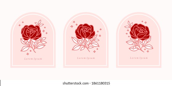 Vector feminine logo design templates in linear minimal style. Peony, rose flowers and botanical leaf branch. Emblem, symbol, icon, and illustration for jewel, brand, beauty and handmade product