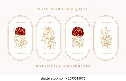 Vector feminine logo design templates in trendy linear minimal style. Peony, rose flowers and botanical leaf branch. Emblem, symbols and icons for cosmetics, jewellery, beauty and handmade products