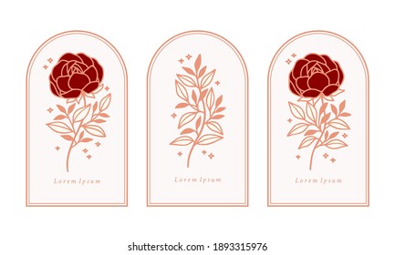 Vector feminine logo design templates in trendy linear minimal style. Peony, rose flowers and botanical leaf branch. Emblem, symbols and icons for cosmetics, jewellery, beauty and handmade products