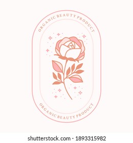 Vector Feminine Logo Design Templates In Trendy Linear Minimal Style. Peony, Rose Flowers And Botanical Leaf Branch. Emblem, Symbols And Icons For Cosmetics, Jewellery, Beauty And Handmade Products