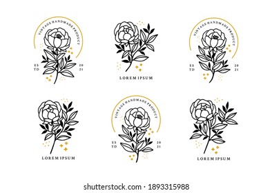 Vector feminine logo design templates in trendy linear minimal style. Peony, rose flowers and botanical leaf branch. Emblem, symbols and icons for cosmetics, jewellery, beauty and handmade products