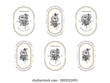 Modelos de diseño de logotipo feminista vectorial en estilo minimalista lineal de moda. Peonía, flores de rosa y rama de hojas botánicas. Emblema, símbolos e íconos para cosméticos, joyas, belleza y productos hechos a mano
