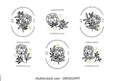 Vector feminine logo design templates in trendy linear minimal style. Peony, rose flowers and botanical leaf branch. Emblem, symbols and icons for cosmetics, jewellery, beauty and handmade products