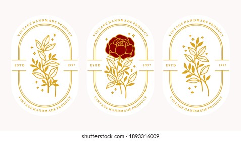 Modelos de diseño de logotipo feminista vectorial en estilo minimalista lineal de moda. Peonía, flores de rosa y rama de hojas botánicas. Emblema, símbolos e íconos para cosméticos, joyas, belleza y productos hechos a mano