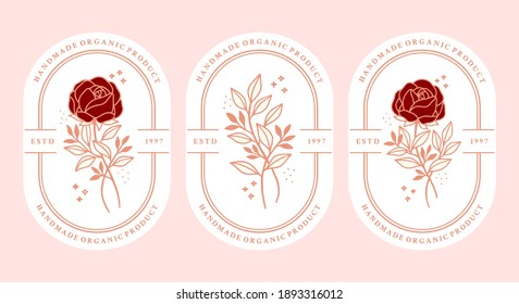 Vector feminine logo design templates in trendy linear minimal style. Peony, rose flowers and botanical leaf branch. Emblem, symbols and icons for cosmetics, jewellery, beauty and handmade products