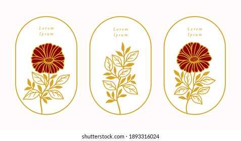 Vector feminine logo design templates in trendy linear minimal style. Peony, rose flowers and botanical leaf branch. Emblem, symbols and icons for cosmetics, jewellery, beauty and handmade products