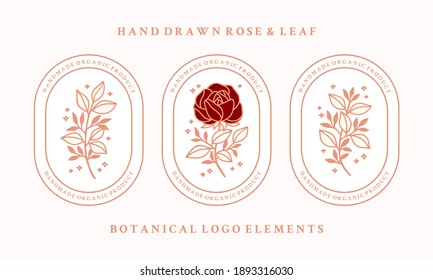 Vector feminine logo design templates in trendy linear minimal style. Peony, rose flowers and botanical leaf branch. Emblem, symbols and icons for cosmetics, jewellery, beauty and handmade products