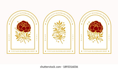 Vector feminine logo design templates in trendy linear minimal style. Peony, rose flowers and botanical leaf branch. Emblem, symbols and icons for cosmetics, jewellery, beauty and handmade products