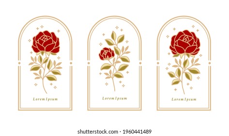 Vector feminine logo design templates in trendy linear minimal style. Peony, rose flowers and botanical leaf branch. Emblem, symbols and icons for cosmetics, jewellery, beauty and handmade products