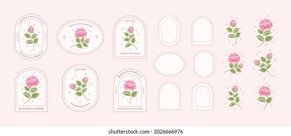 Vectorfeminine Logo Design Vorlagen im trendigen minimalistischen Stil. Peony, Rosenblumen und botanischer Laubzweig. Embleme, Symbole und Symbole für Kosmetik, Schmuck, Schönheit und handgemachte Produkte