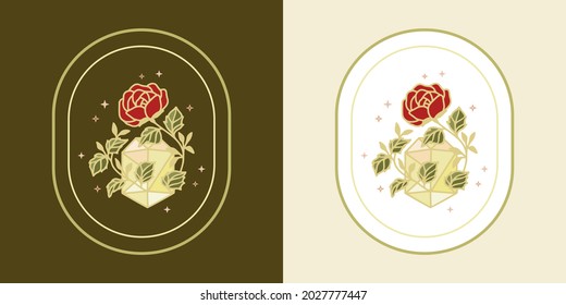 Vector feminine logo design templates in trendy linear minimal style. Peony, rose flowers and botanical leaf branch. Emblem, symbols and icons for cosmetics, jewellery, beauty and handmade products