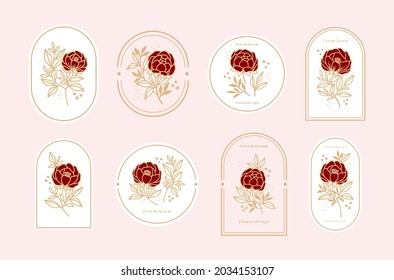 Modelos de diseño de logotipo feminista vectorial en estilo minimalista lineal de moda. Peonía, flores de rosa y rama de hojas botánicas. Emblema, símbolos e íconos para cosméticos, joyas, belleza y productos hechos a mano