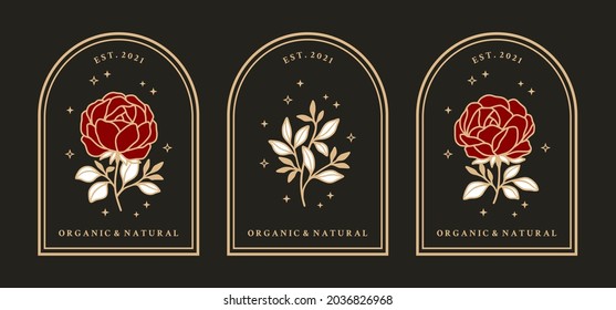 Vector feminine logo design templates in trendy linear minimal style. Peony, rose flowers and botanical leaf branch. Emblem, symbols and icons for cosmetics, jewellery, beauty and handmade products