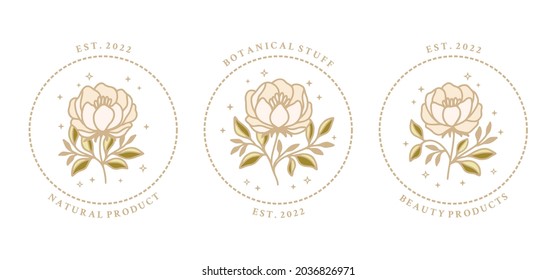 Vector feminine logo design templates in trendy linear minimal style. Peony, rose flowers and botanical leaf branch. Emblem, symbols and icons for cosmetics, jewellery, beauty and handmade products