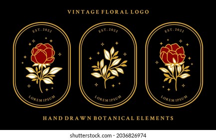 Vector feminine logo design templates in trendy linear minimal style. Peony, rose flowers and botanical leaf branch. Emblem, symbols and icons for cosmetics, jewellery, beauty and handmade products