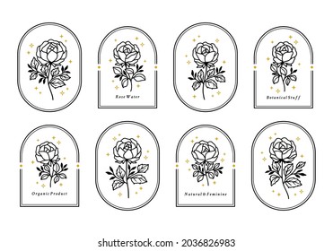 Vector feminine logo design templates in trendy linear minimal style. Peony, rose flowers and botanical leaf branch. Emblem, symbols and icons for cosmetics, jewellery, beauty and handmade products