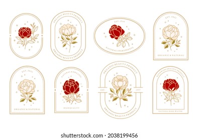 Vector feminine logo design templates in trendy linear minimal style. Peony, rose flowers and botanical leaf branch. Emblem, symbols and icons for cosmetics, jewellery, beauty and handmade products