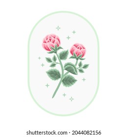 Modelos de diseño de logotipo feminista vectorial en estilo minimalista lineal de moda. Peonía, flores de rosa y rama de hojas botánicas. Emblema estético, símbolos e íconos para cosméticos, belleza y productos hechos a mano