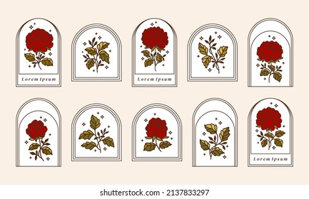 Vector feminine logo design templates in trendy linear minimal style. Rose flowers and botanical leaf branch. Emblem, symbols and icons for cosmetics, jewellery, beauty and handmade products