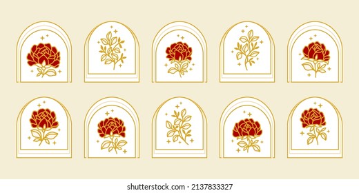 Vector feminine logo design templates in trendy linear minimal style. Rose flowers and botanical leaf branch. Emblem, symbols and icons for cosmetics, jewellery, beauty and handmade products