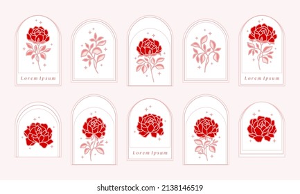 Vector feminine logo design templates in trendy linear minimal style. Rose flowers and botanical leaf branch. Emblem, symbols and icons for cosmetics, jewellery, beauty and handmade products