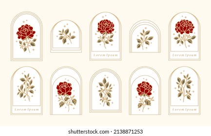 Vector feminine logo design templates in trendy linear minimal style. Rose flowers and botanical leaf branch. Emblem, symbols and icons for cosmetics, jewellery, beauty and handmade products