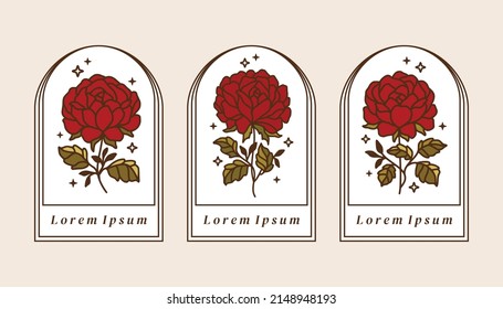 Vector feminine logo design templates in trendy linear minimal style. Rose flowers and botanical leaf branch. Emblem, symbols and icons for cosmetics, jewellery, beauty and handmade products