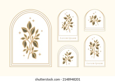 Vector feminine logo design templates in trendy linear minimal style. Rose flowers and botanical leaf branch. Emblem, symbols and icons for cosmetics, jewellery, beauty and handmade products