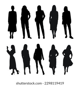 Vector feminine silhouettes of woman, women, female, maiden, lass, ladys, girls. Business women, entrepreneur, executive, fashionista, teacher, audience, students, girlfriends