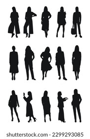 Vector feminine silhouettes of woman, women, female, maiden, lass, ladys, girls. Business women, entrepreneur, executive, fashionista, teacher, audience, students, girlfriends