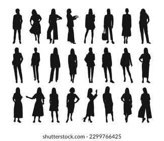 Silhouettes feministas vectoriales de mujeres, mujeres, mujeres, criadas, chicas, chicos, chicas. Mujeres de negocios, empresarias, ejecutivas, de moda, profesoras, audiencia, estudiantes, novias