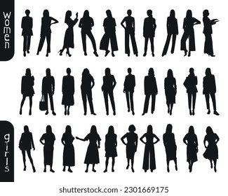 Vector feminine silhouettes of woman, women, female, maiden, lass, ladys, girls. Business women, entrepreneur, executive, fashionista, teacher, audience, students, girlfriends