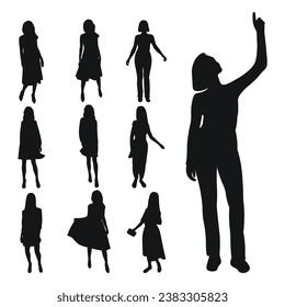 Vector feminine silhouettes of woman, women, female, maiden, lass, ladys, girls. Business women, entrepreneur, executive, fashionista, teacher, audience, students, girlfriends