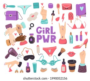 Vector feminism concept set. Girl power collection with different items, hand gestures, cosmetics and  girls stuff . Woman elements for prints, stickers, decoration, design.