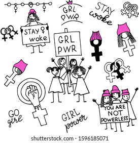 vector feminism symbols for thematic design on a white background.