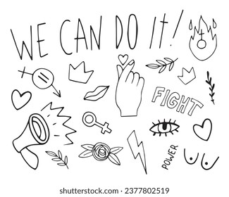 Vector feminist doodle set. Hand, lettering, flowers, lightning, fire, symbols, crown, megaphone, female breast. Elements isolated on white background.