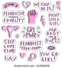 Vector feminist patch, sticker set. Feminism symbols