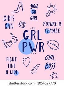 Vector feminist pins and sassy slogans collection (you go girl, grl pwr, fight like a girl, girls can, girl boss, furure is female) on pink background for web and printing.
