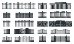 Vector Fence Silhouette Set Isolated. Wooden And Brick Fence Decorative Shape Collection. Architecture Gate And Fence Objects